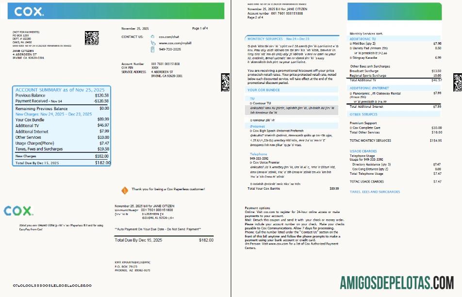 em branco Modelo de conta de serviços públicos Cox dos EUA em formatos Word e PDF, 4 páginas, 1 2 páginas